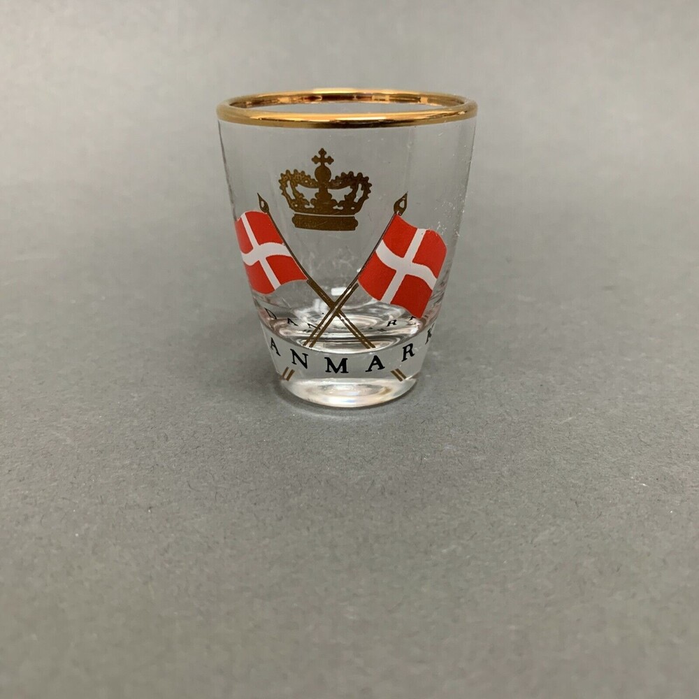 Shot Glass Danmark Flags Crown Clear Red Black Gold Trim Multicolor